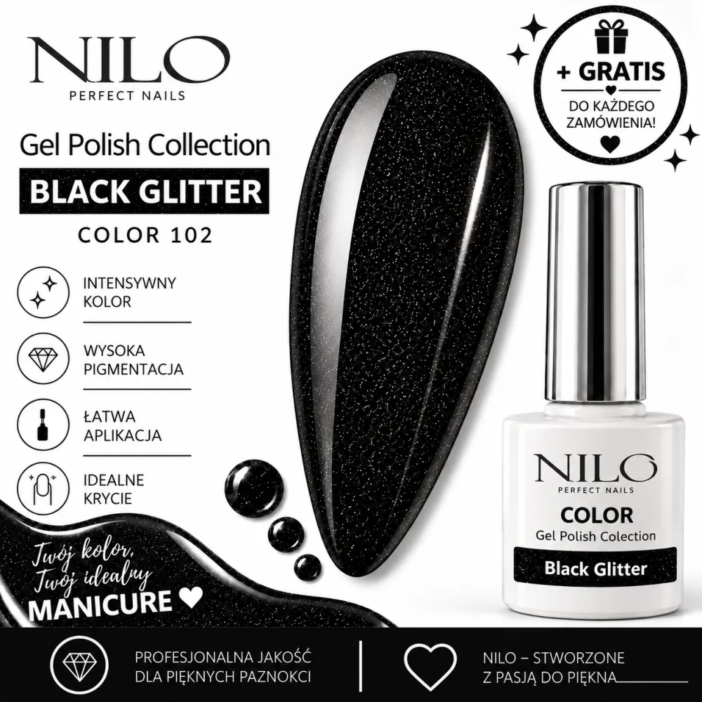 Lakier Hybrydowy Color Black Glitter no.102 NILO Perfect Nails 7ml